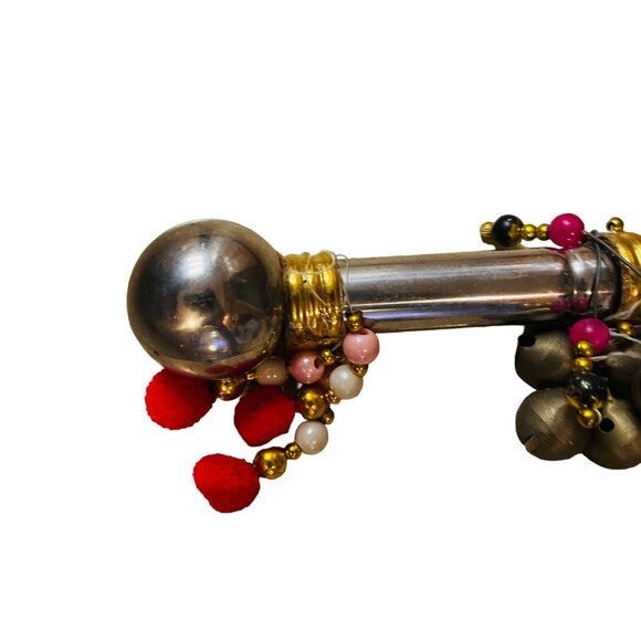 Antique Indian Silver Plated Brass Handcrafted Pair Of Dandiya Sticks With Bells - Picture 4 of 9